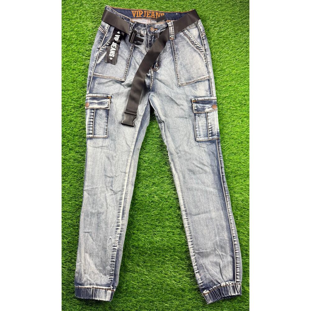 VIP Jeans Womens Cargo Pants Size 9/29 Blue Denim Utility Pockets Belted Stretch